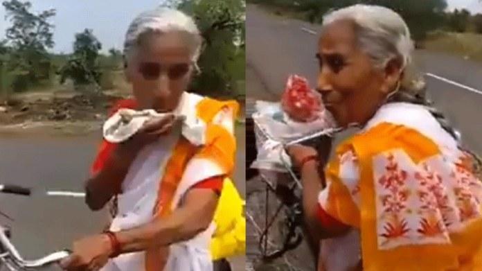 Elderly woman is cycling to Vaishno Devi temple